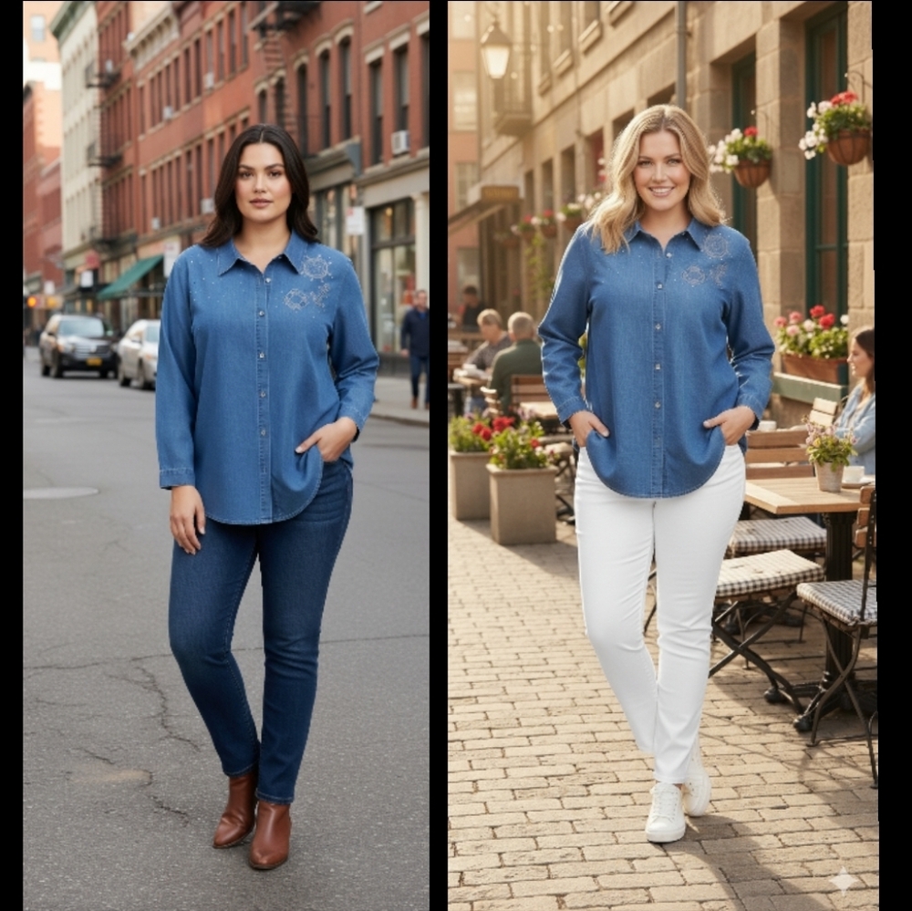 3X TALL Quacker Factory Shacket Blue Denim Chambray Button Rhinestone Shirt
